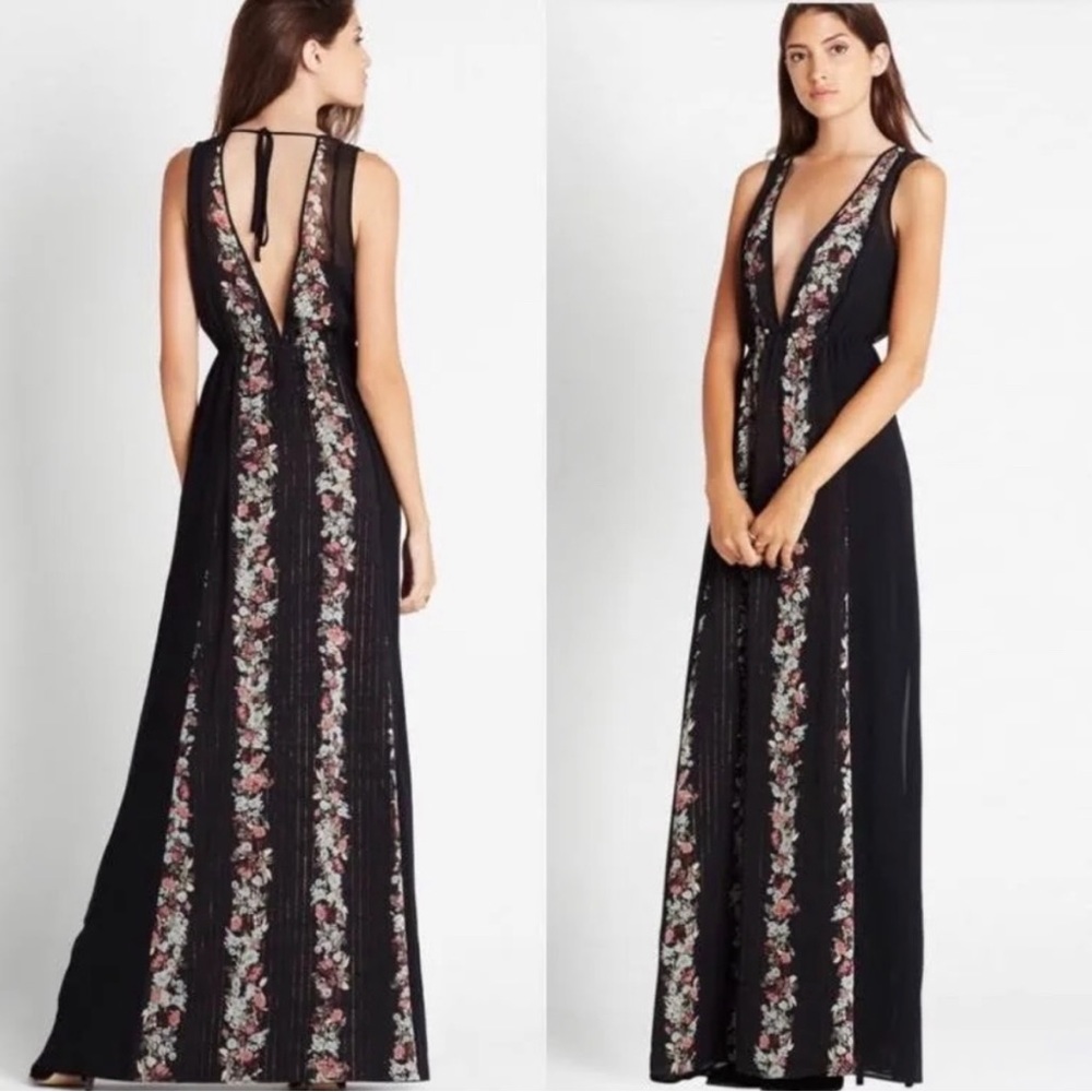 BCBGeneration Deep V Neck Sleeveless Floral Black Boho Maxi Dress Size S